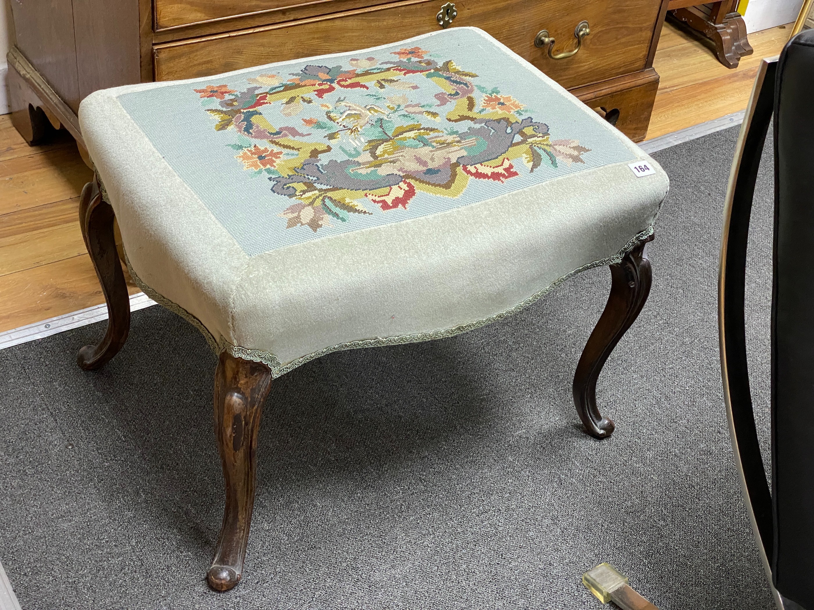 A Victorian rosewood dressing stool, on cabriole legs, length 60cm, depth 46cm, height 46cm